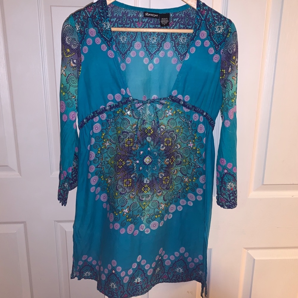 Raviya Boho Bathing Suit Swimwear Cover Up Tunic Turquoise Purple Tone Sz Medium
